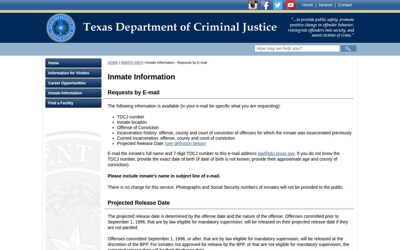 TDCJ email information page listing available offender details