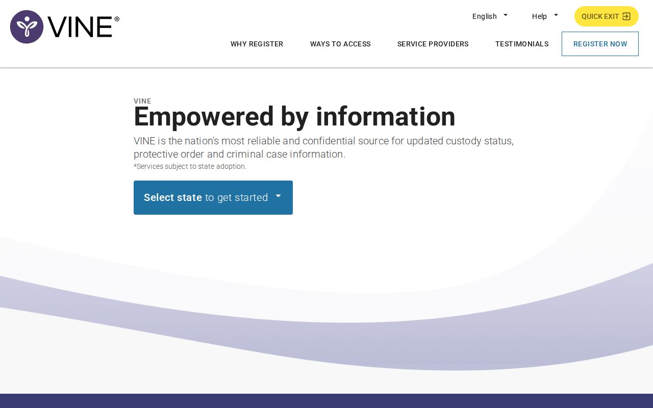 Texas VINE state selection and inmate search interface